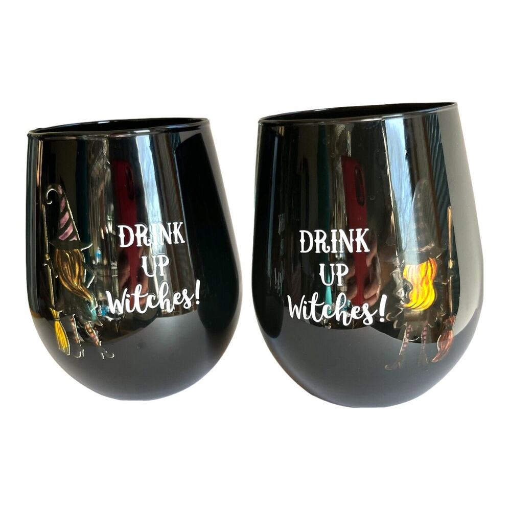 Drink Up Witches Cobwebs & Cauldrons Black‎ Halloween Stemless Wine Glasses Pair